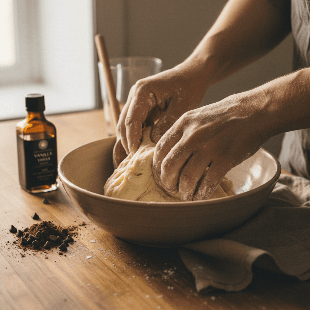Baker's hands preparing dough and batter from scratch
