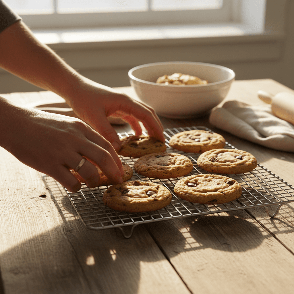 Baker arranging fresh-baked cookies on cooling rack