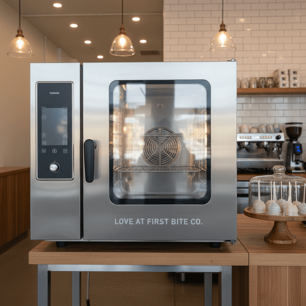 Modern stainless steel oven in a bakery with cookies and cake pops nearby.