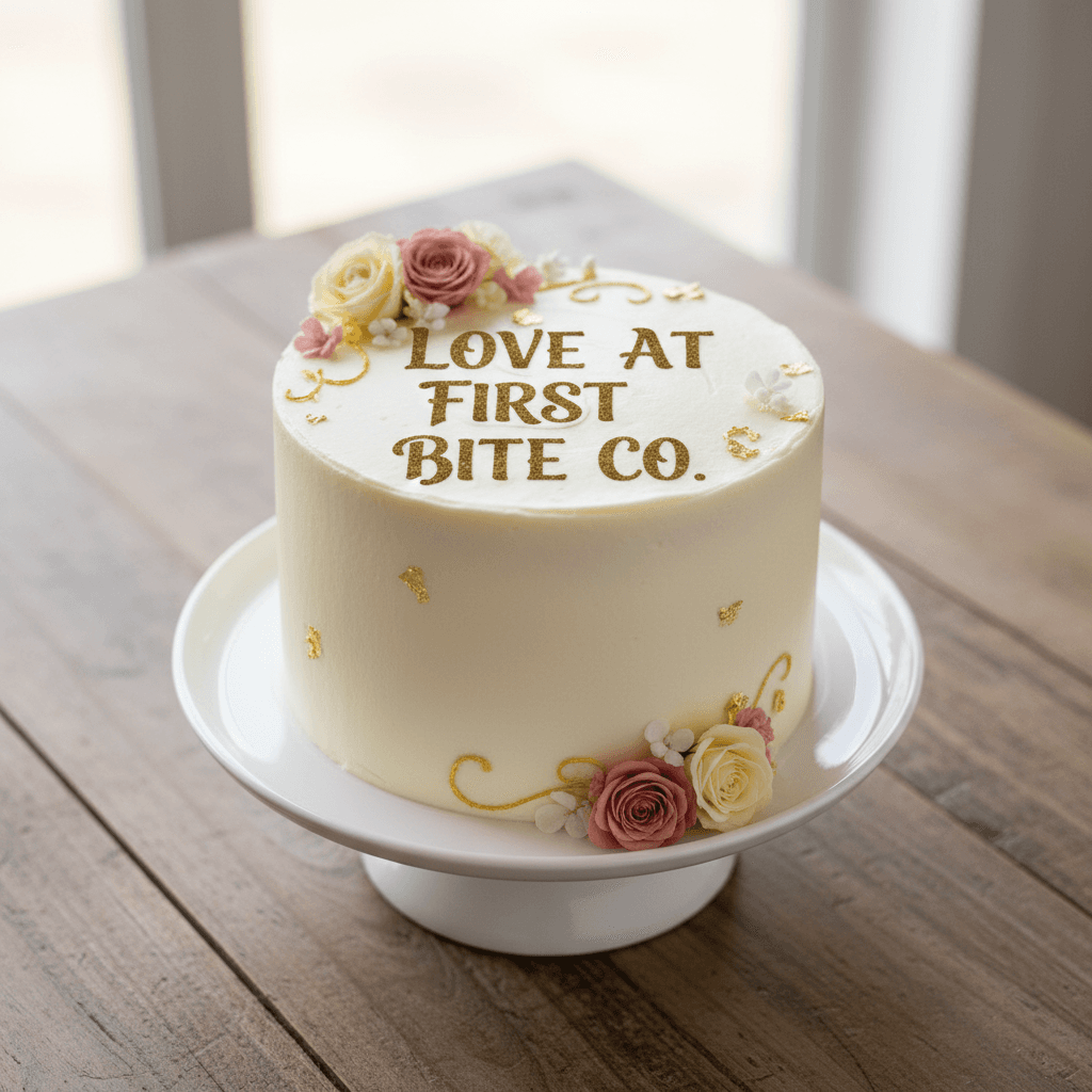 Elegant 4-inch cake with 'Love At First Bite Co.' and flower decorations