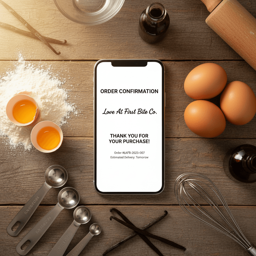 Smartphone with baking order confirmation surrounded by baking tools and ingredients on a wooden table