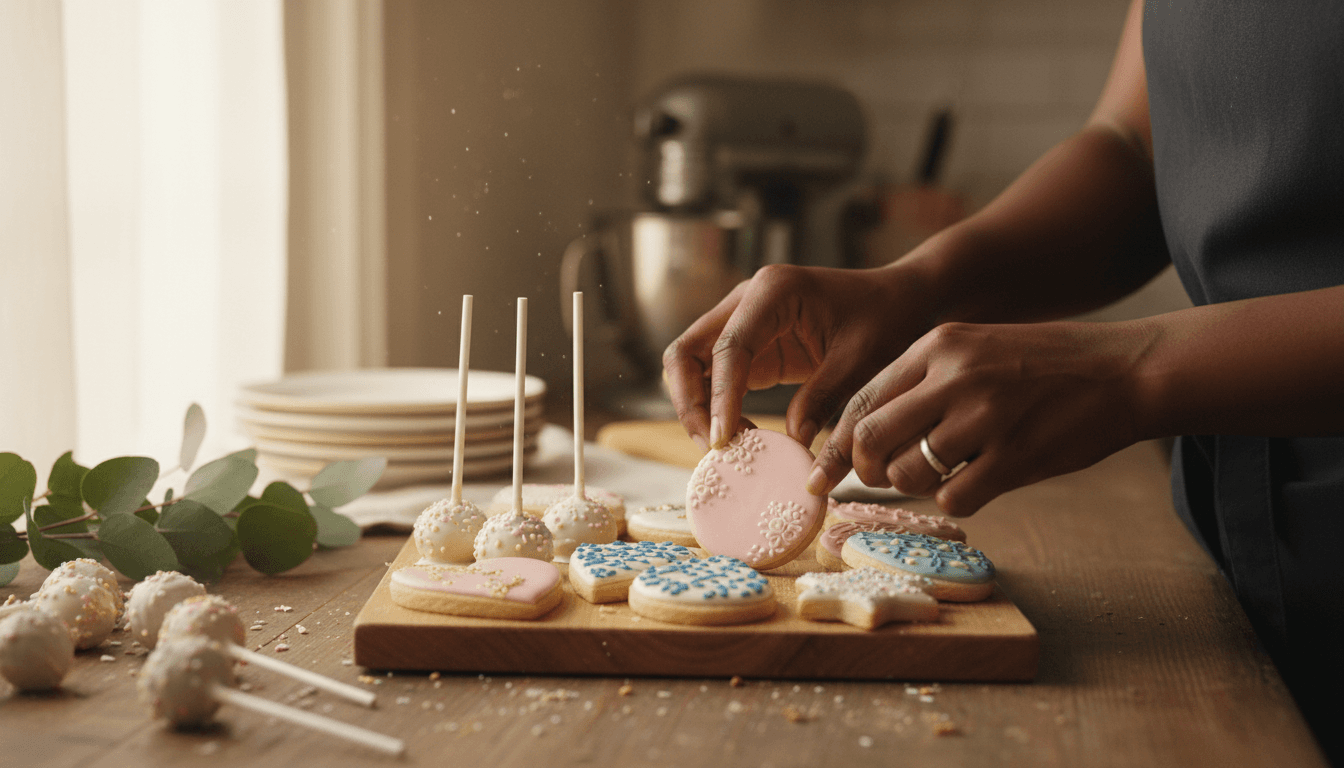 Black female baker's hands arranging cookies and cake pops on a wooden surface
