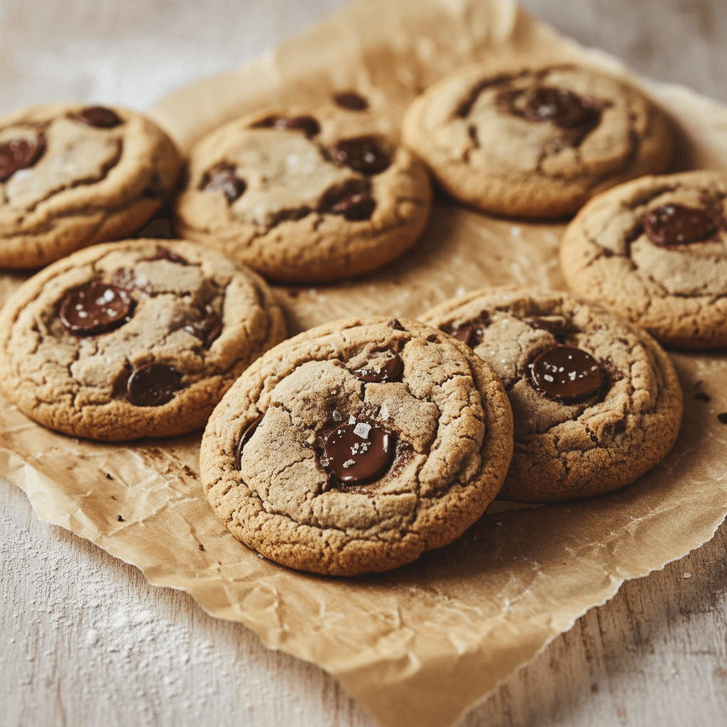 Artisan chocolate chip cookies on parchment paper