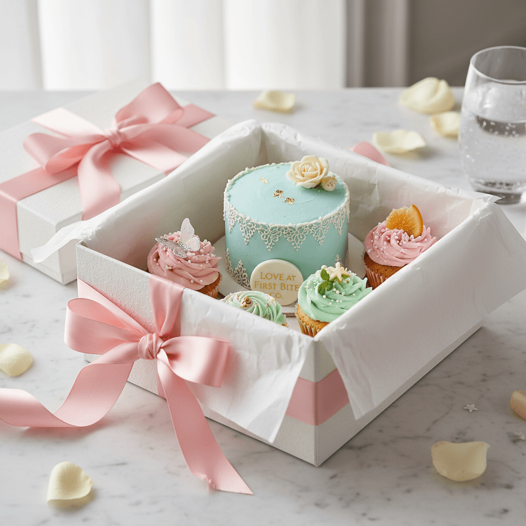 Gift box with mini cake and cupcakes, elegantly decorated for celebrations