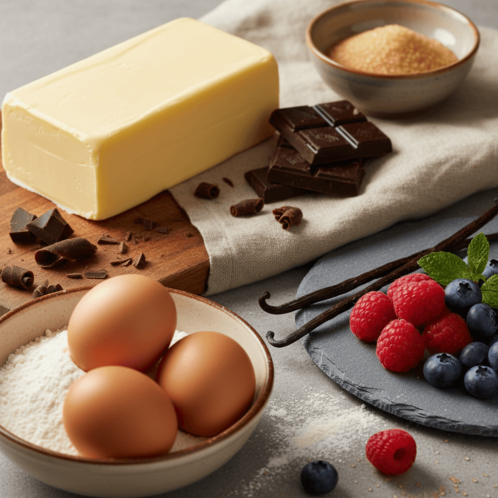 Premium baking ingredients arranged to show quality