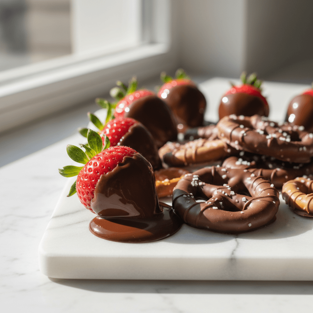 Chocolate-dipped strawberries and pretzels close-up
