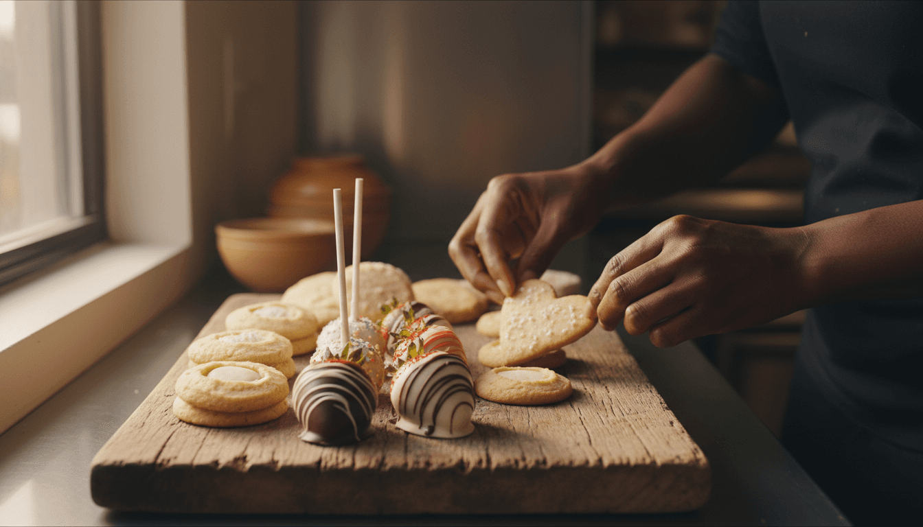 Hands with dark skin arranging cookies, cake pops, and dipped strawberries on a wooden board