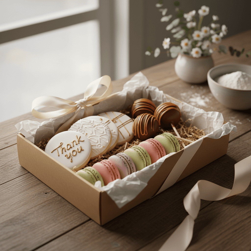 Elegant gift box filled with decorated cookies, chocolate-dipped cake pops, and premium baked treats with ribbon and tissue paper