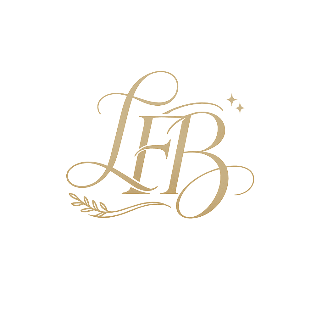 Gold calligraphic logo with intertwined letters LFB, small stars, and a leafy branch flourish.